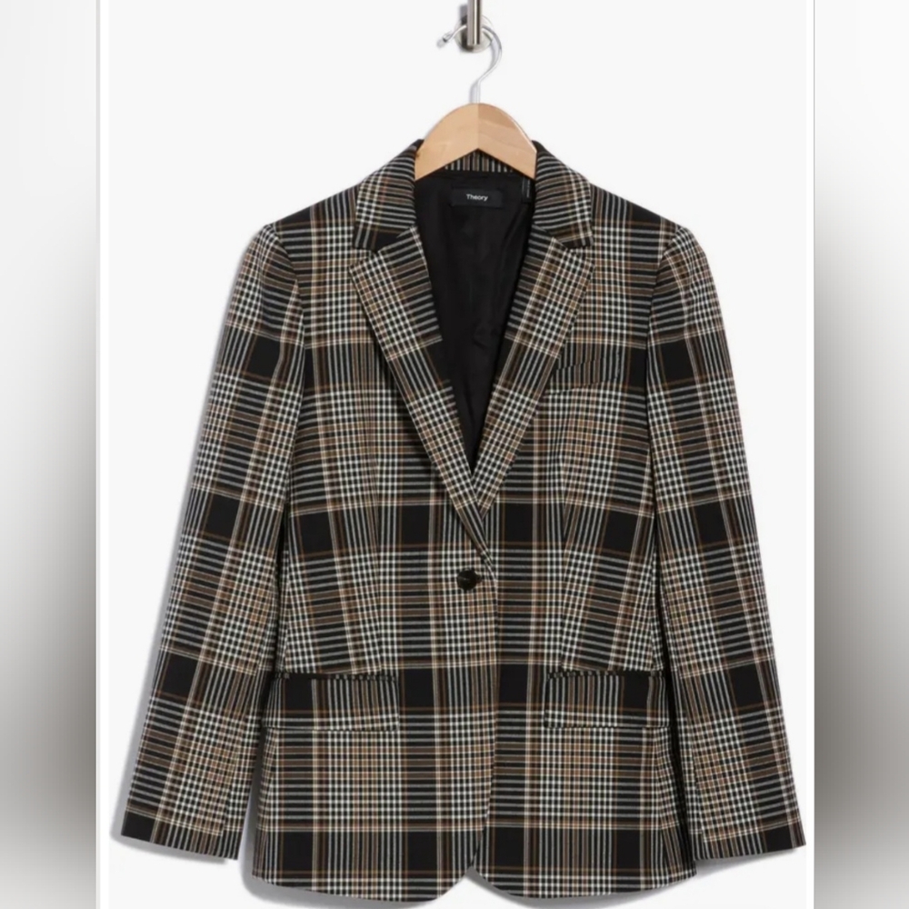 Theory Plaid Single-Button Blazer in Black and Tan